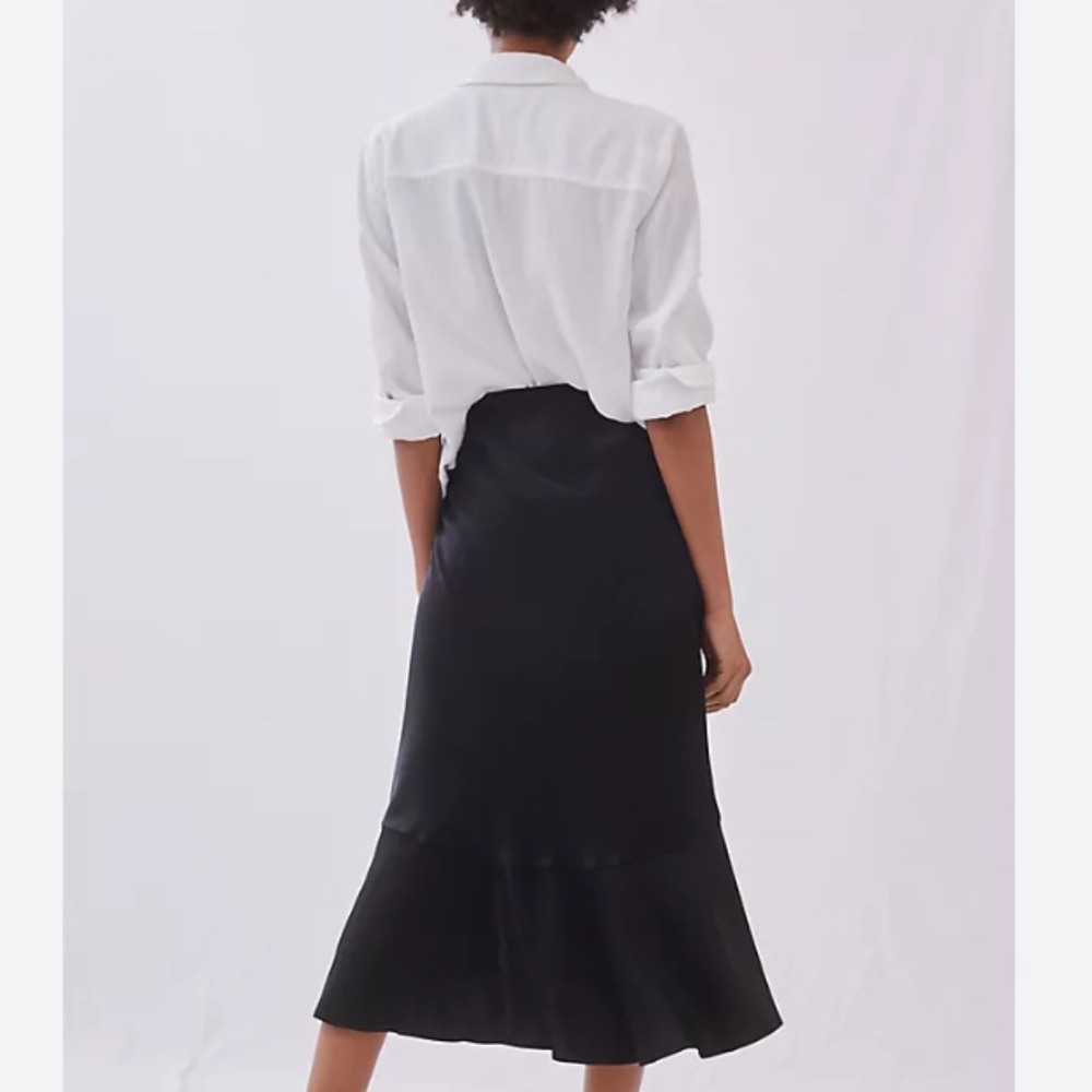 Anthropologie NWOT Asymmetrical Black Satin Flounce Ruffle Slip Midi Skirt SZ S - Picture 2 of 11